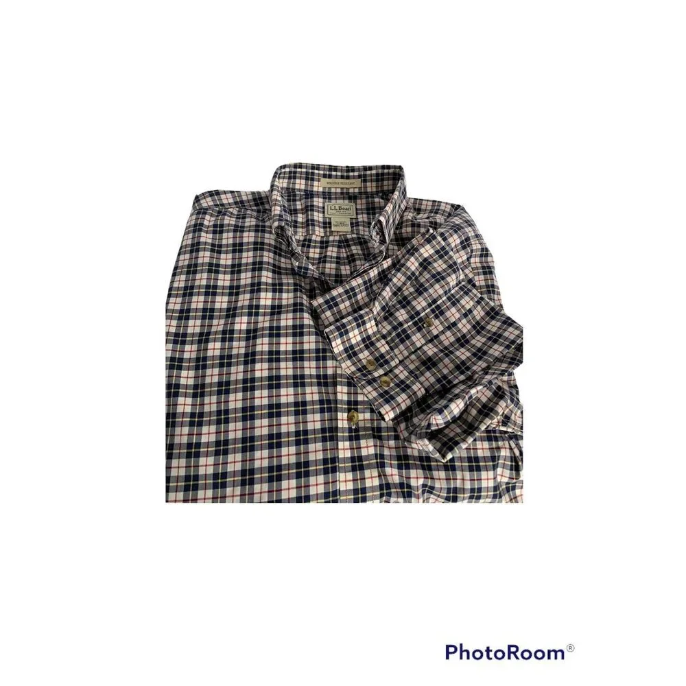 LL Bean Mens LG Wrinkle Resistant Button Collar Red White Blue Plaid Long Sleeve